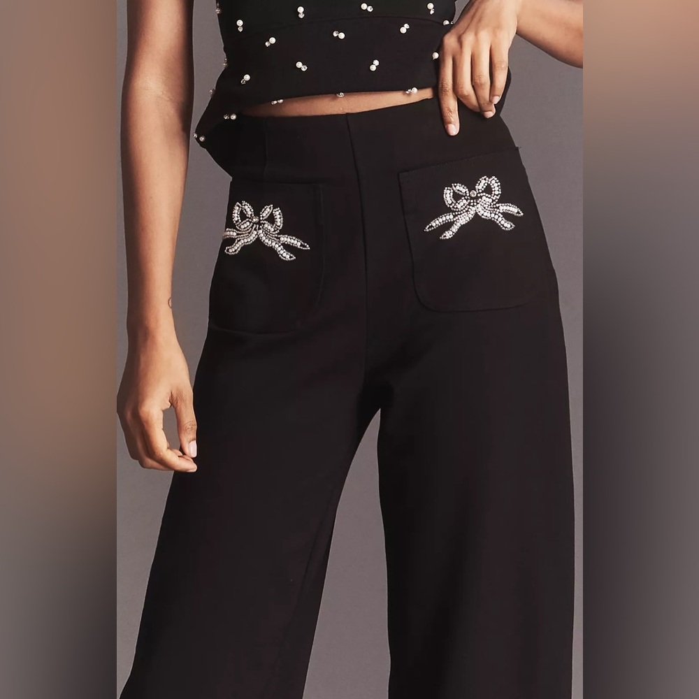 NWT! Anthro Maeve Colette Embroidered High-Rise Wide-Leg Full-Length Pants - 🍯 - Picture 2 of 13